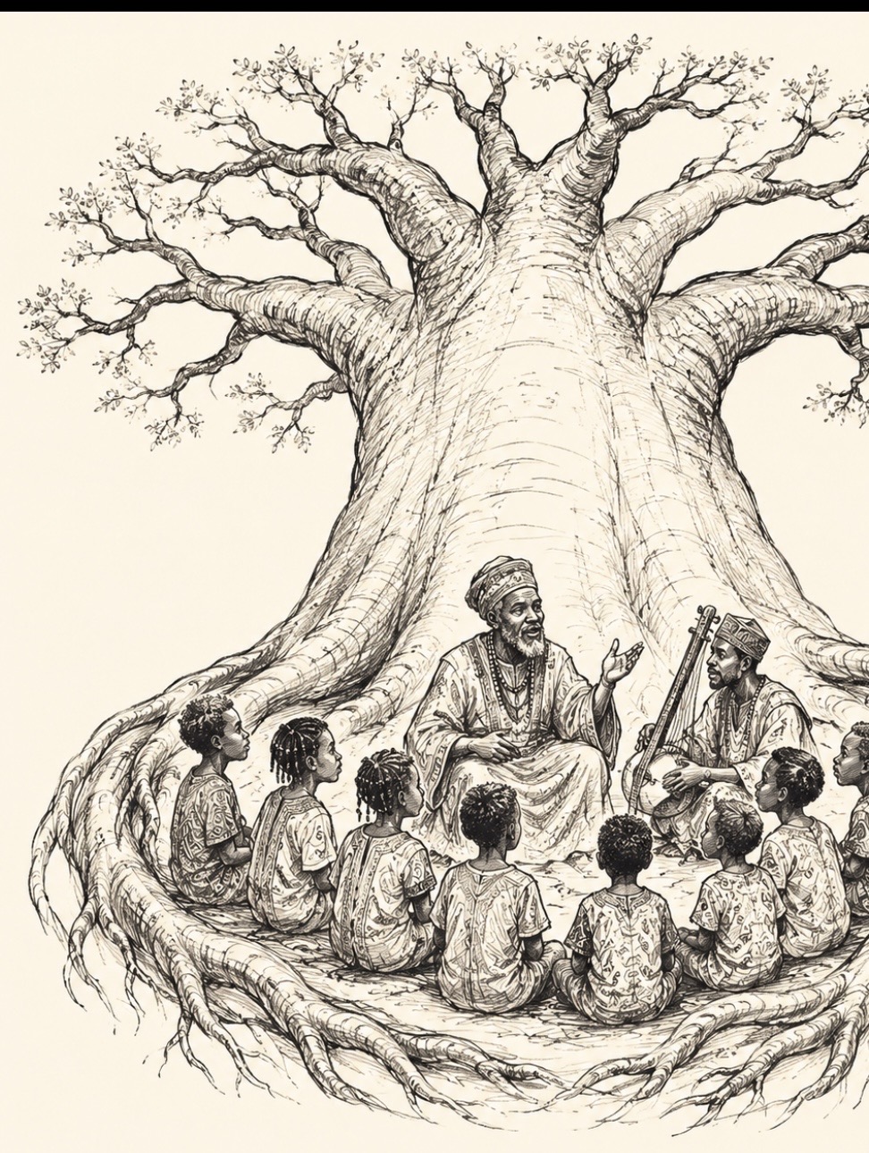A griot elder seated beneath a baobab tree, teaching a circle of children while a musician plays the kora